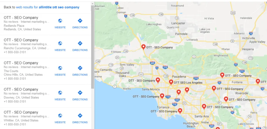 Map packed with identical “OTT – SEO Company” pins across Los Angeles, showing lead-gen ghost listings on Google Maps