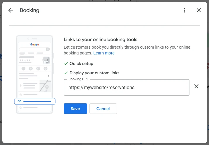 Screenshot of Google Business Profile showing the field to enter a custom booking link