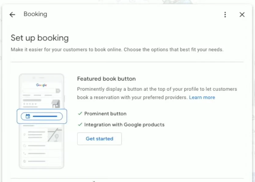 Google Bookings setup screen showing the option to add a featured book button to your profile