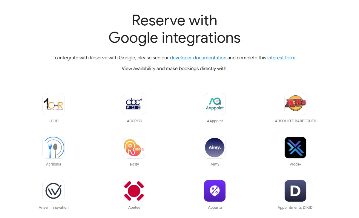  Screenshot of Reserve with Google certified booking partners list 2025