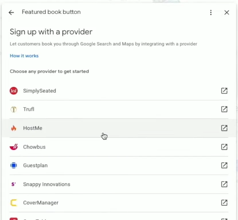 Google Bookings screen showing a list of supported providers like HostMe, Trufl, and SimplySeated