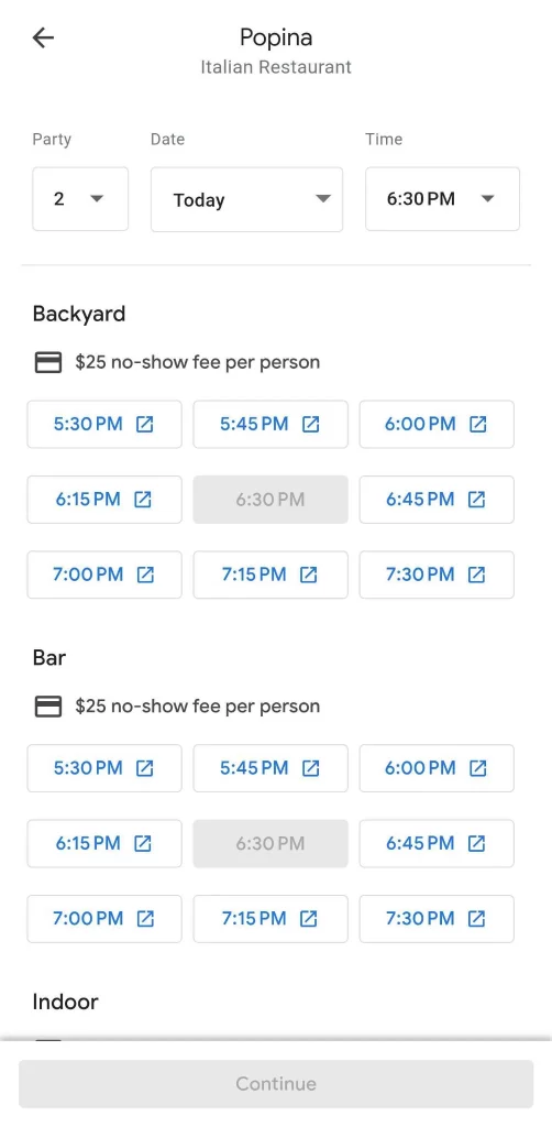 Google booking interface showing available time slots and seating areas for a restaurant