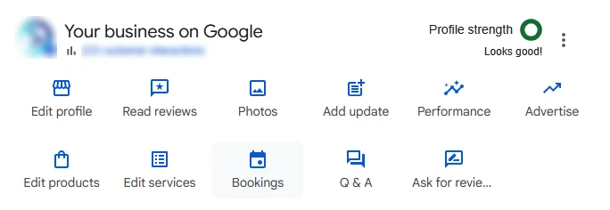 Google Business Profile NMX dashboard showing the “Bookings” tab