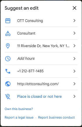 Screenshot of the Google Business Profile “Suggest an edit” panel for OTT Consulting showing options to change details or mark the place closed