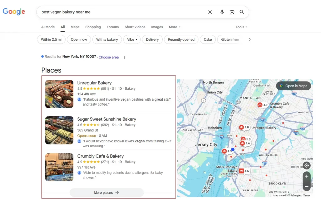 How Local SEO Works in 2025 2 Google Local Pack example for vegan bakery search