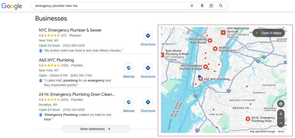 How Local SEO Works in 2025 3 Google Map Pack showing top 3 plumber listings in New York