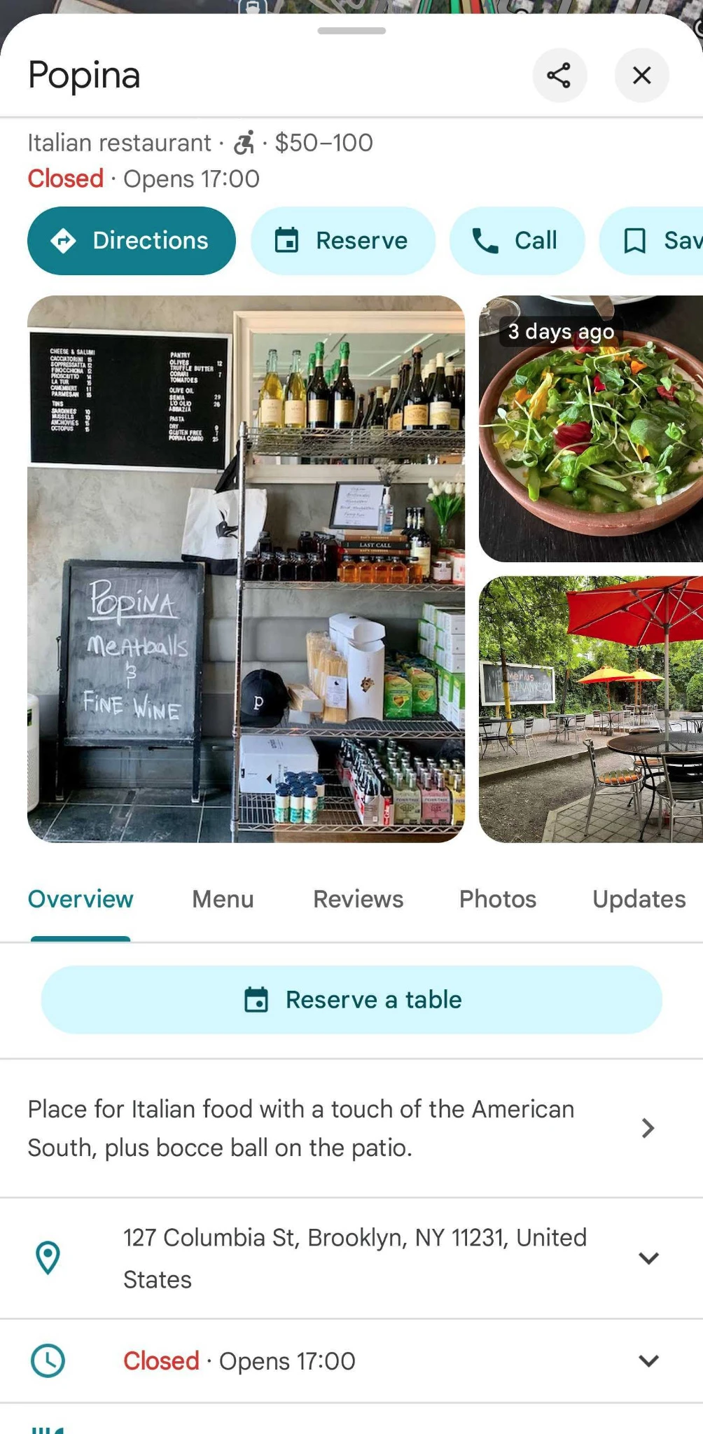 Google Business Profile for a restaurant showing the “Reserve a table” button