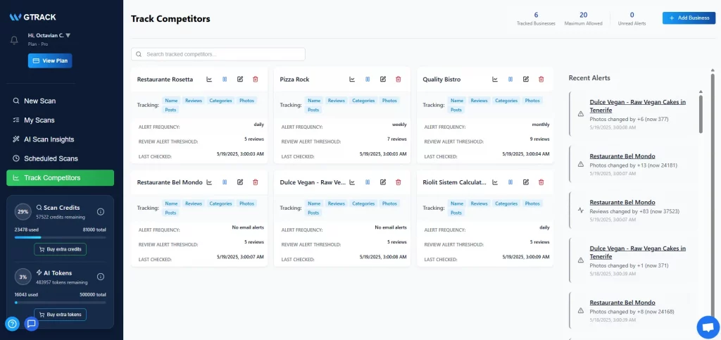 GTrack dashboard showing competitor tracking features