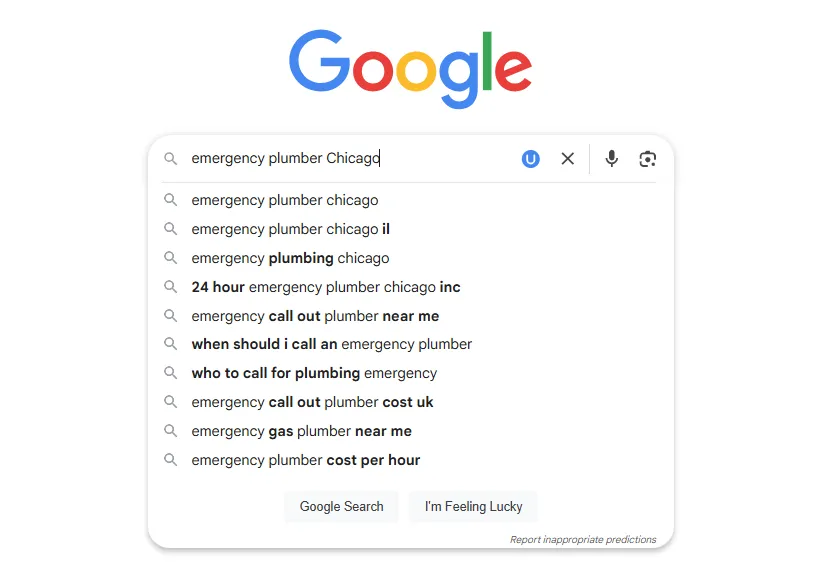 How to Master Local Keyword Research 4 Google Autocomplete example showing keyword suggestions for “emergency plumber Chicago”
