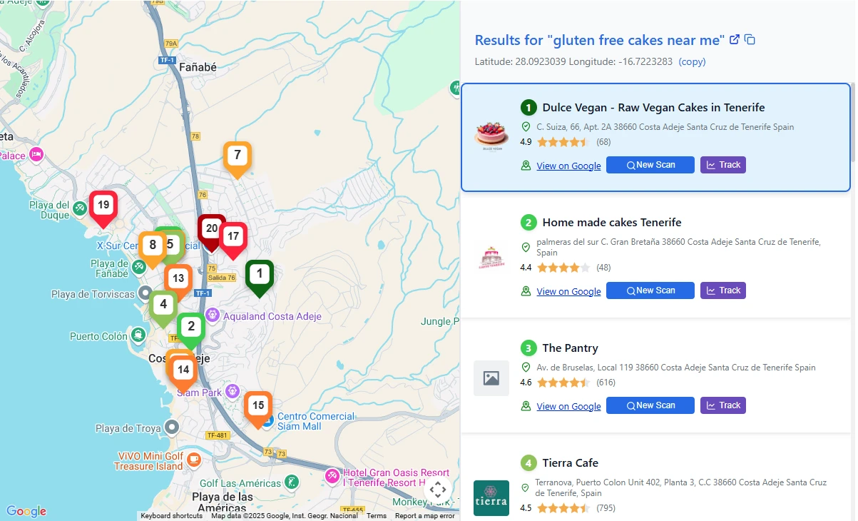 Best local rank tracker for keyword gluten free cake businesses in Tenerife