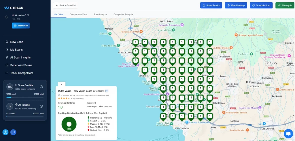 How Local SEO Works in 2025 4 GTrack scan showing top rankings for “raw vegan cakes near me” in Tenerife