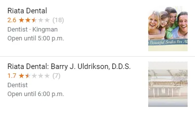 Google results showing separate listings for Riata Dental practice and its dentist, illustrating practitioner profile misuse