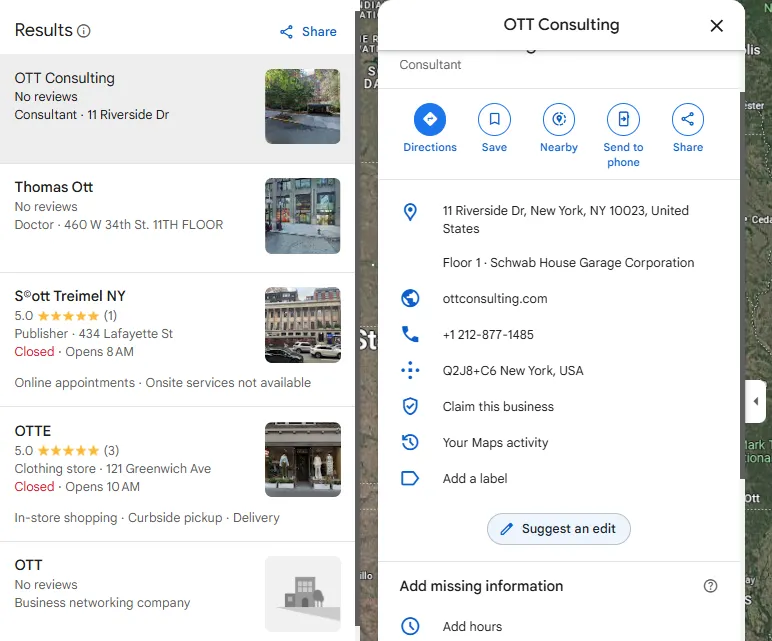 Google Maps interface highlighting “OTT Consulting” listing with “Suggest an Edit” option to correct business information