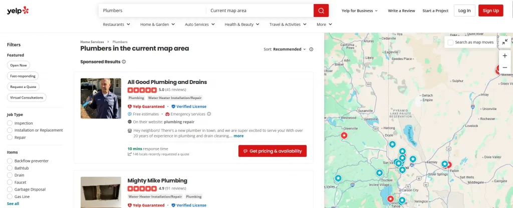 Yelp business listing showing NAP details for a plumber