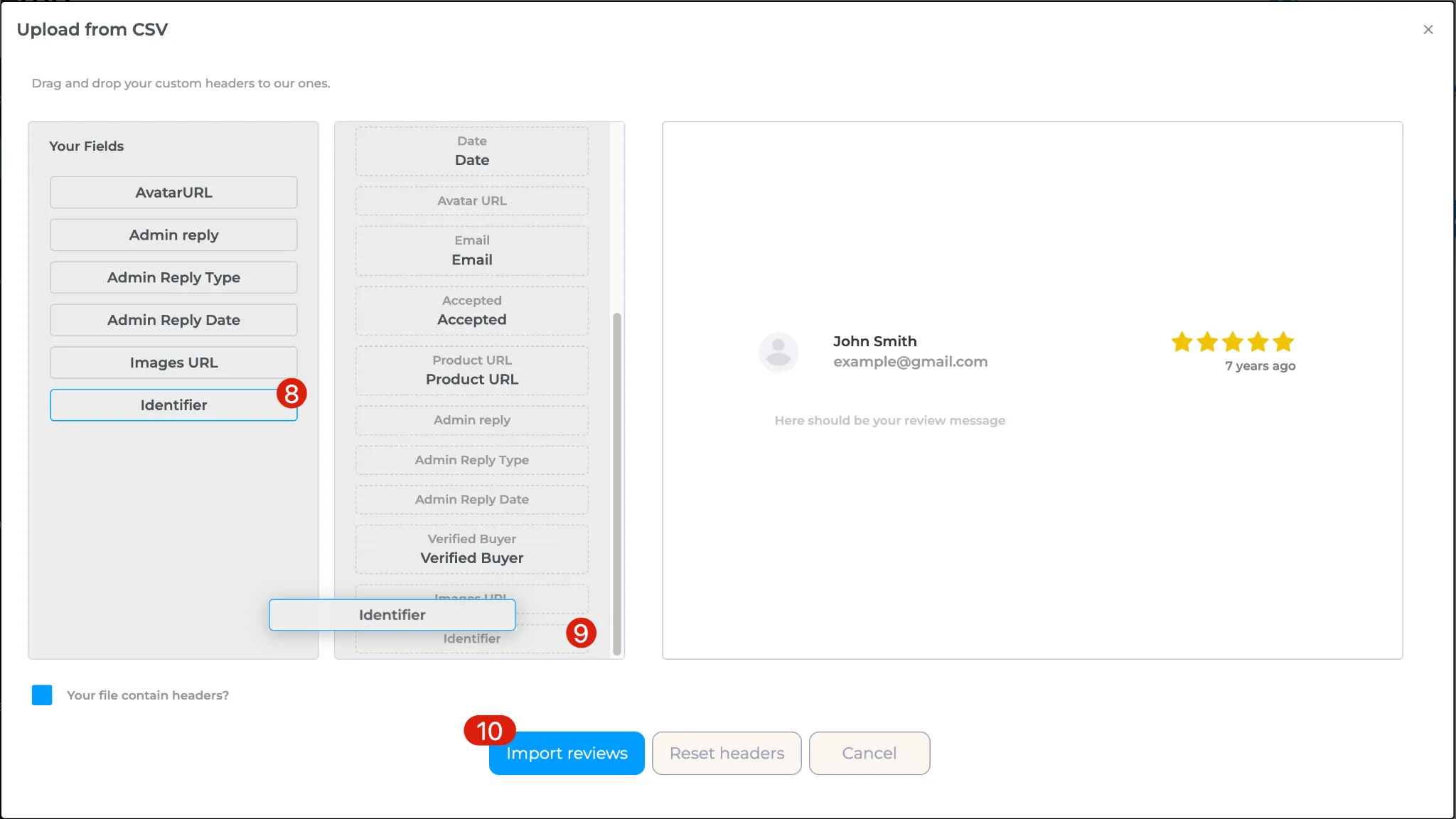 Wiremo CSV import field mapping screen with drag-and-drop headers and live review preview before importing.