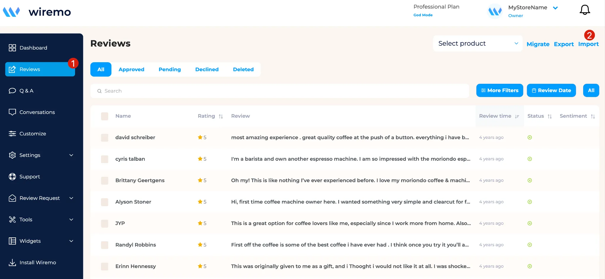 Wiremo review dashboard with customer ratings, filters, and CSV import feature for product feedback management.