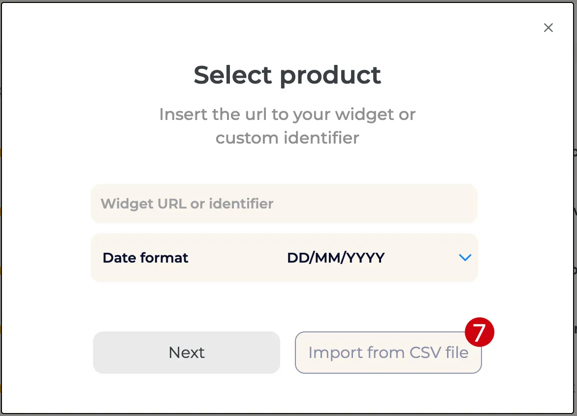 Wiremo product selection screen with fields for widget URL, date format, and CSV import button for reviews.