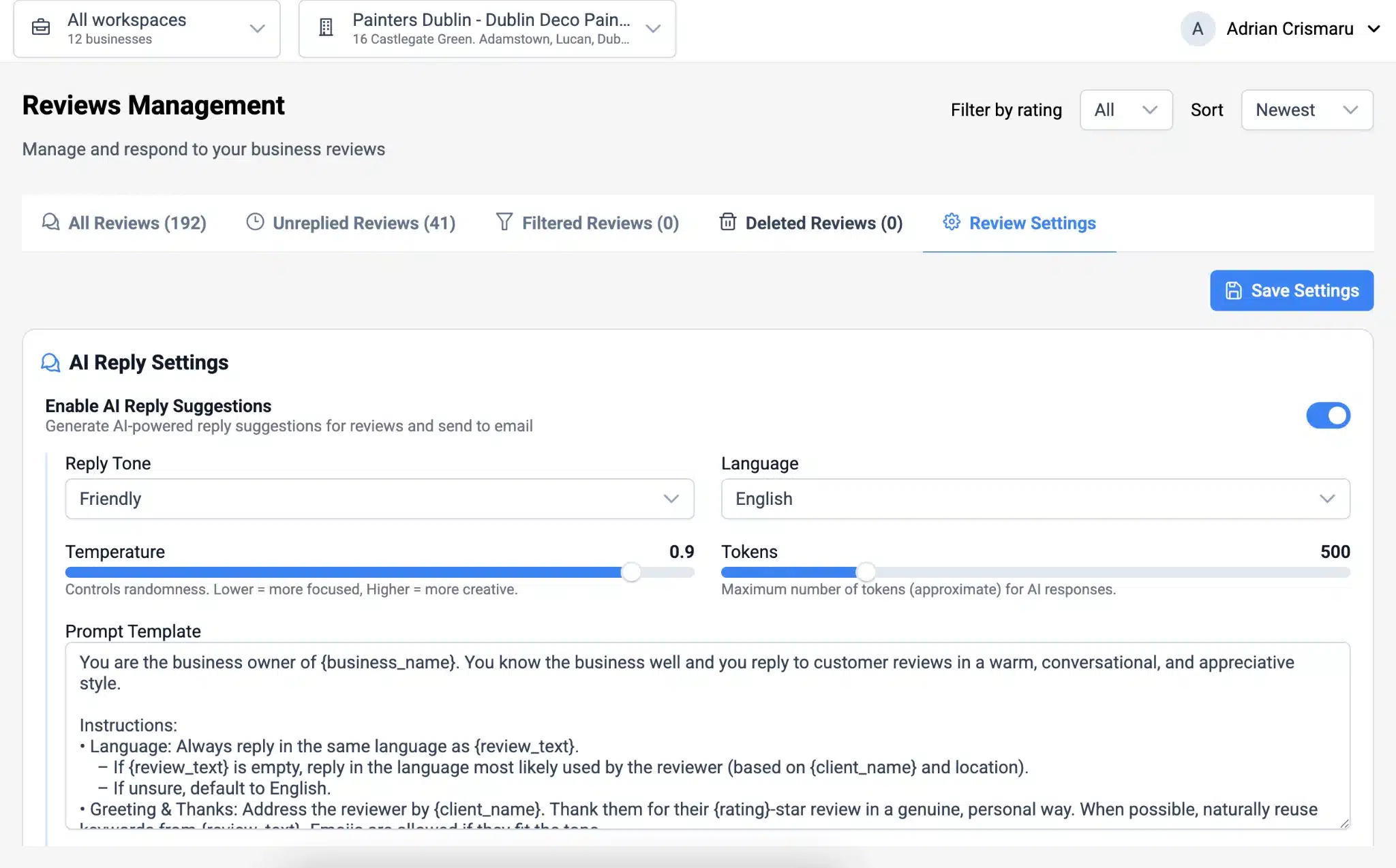 AI Reply Settings for Google Reviews Management AI reply settings for Google reviews in reviews management dashboard
