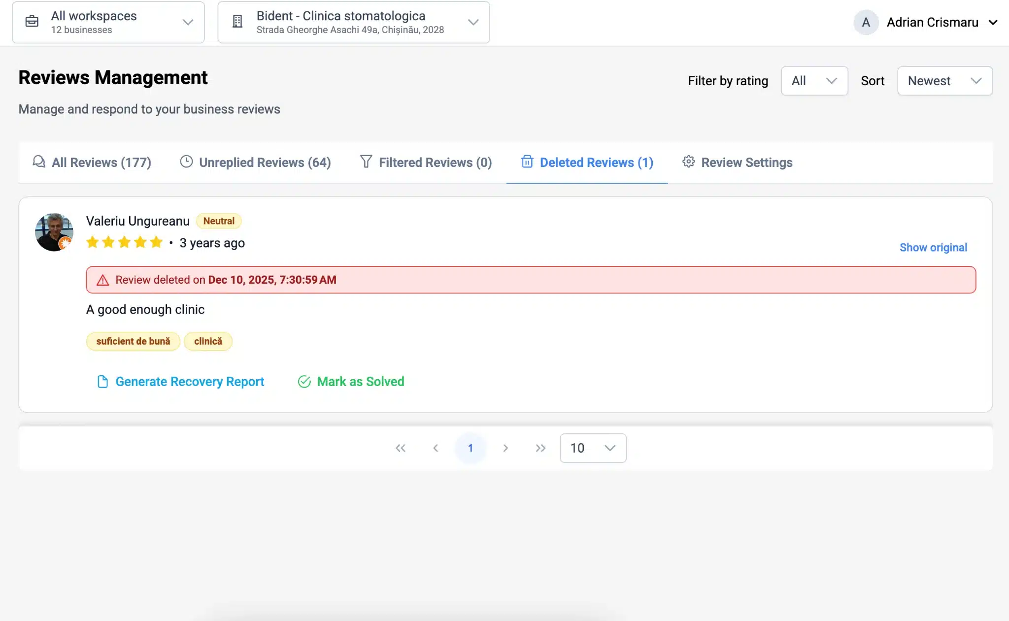 Deleted Google Review Management Dashboard Deleted Google review shown in reviews management dashboard
