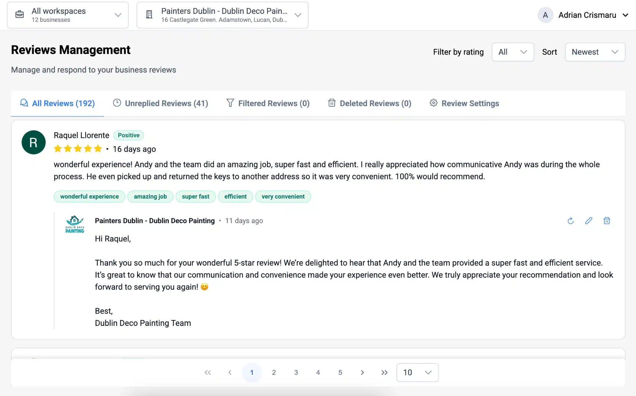 Google Reviews Management Dashboard with Customer Reply Google reviews management dashboard showing positive customer review and reply