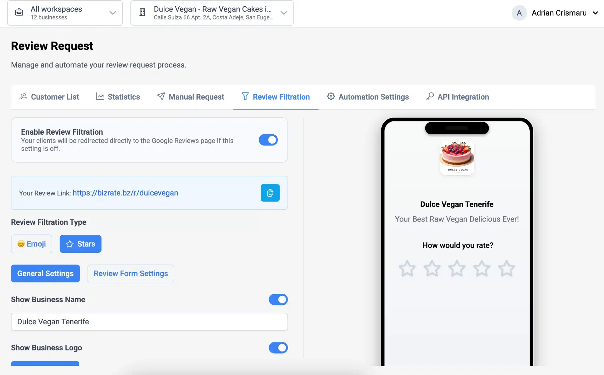 Google Review Filtration Settings Dashboard Review filtration settings dashboard for Google reviews with star rating form
