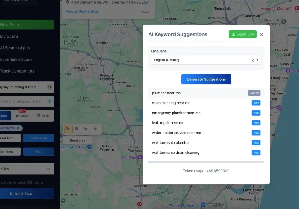 AI Keyword Suggestions for Google Maps Rank Tracker AI keyword suggestions panel inside Google Maps rank tracking tool