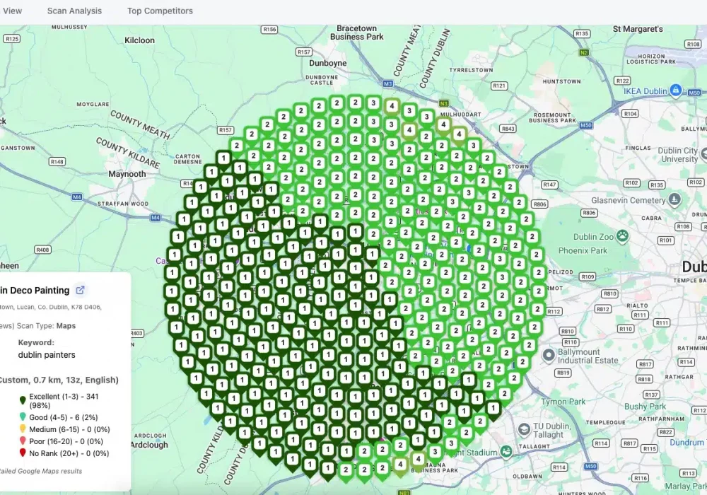 Dublin Painters Google Maps Grid Scan with Custom Circle Google Maps grid scan with custom circle and grid points