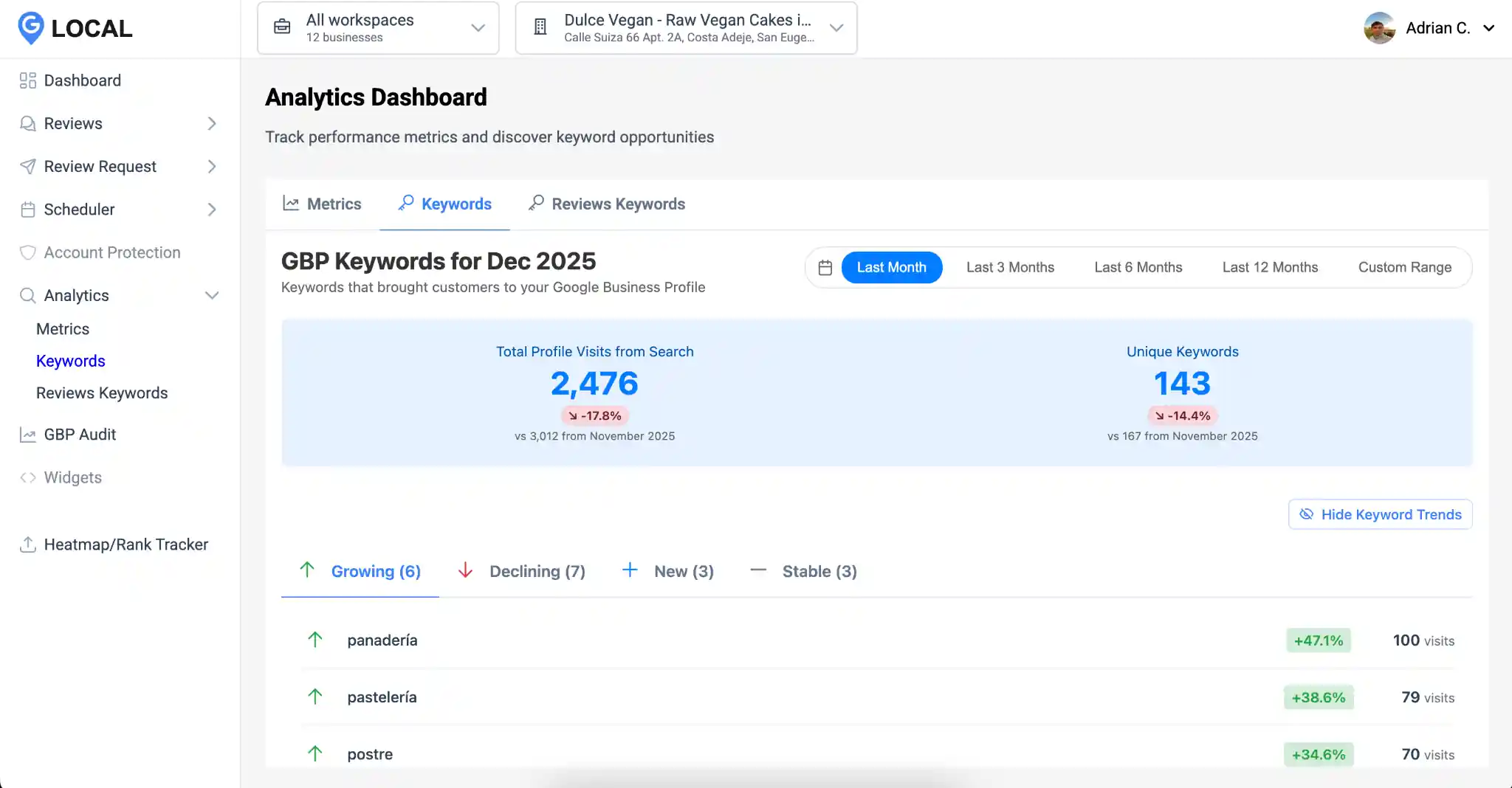 keyword-intelligence-google-business-profile-management-software Keyword intelligence dashboard in Google Business Profile management software