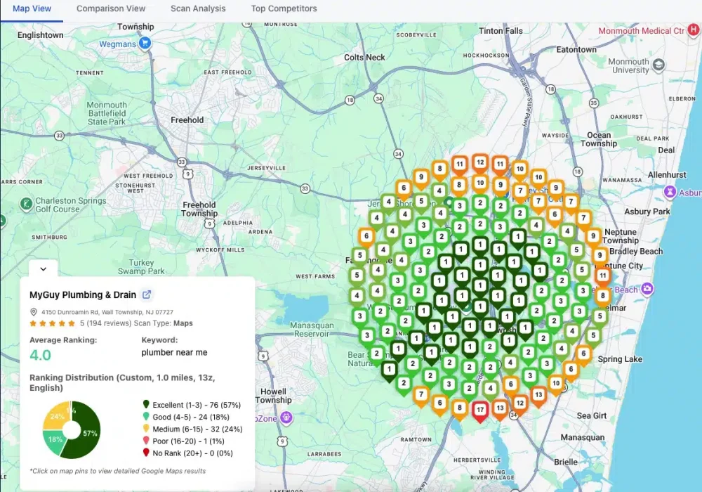 Plumber Near Me Google Maps Ranking Grid 1 Mile Radius Google Maps grid scan for plumber near me with 1 mile radius