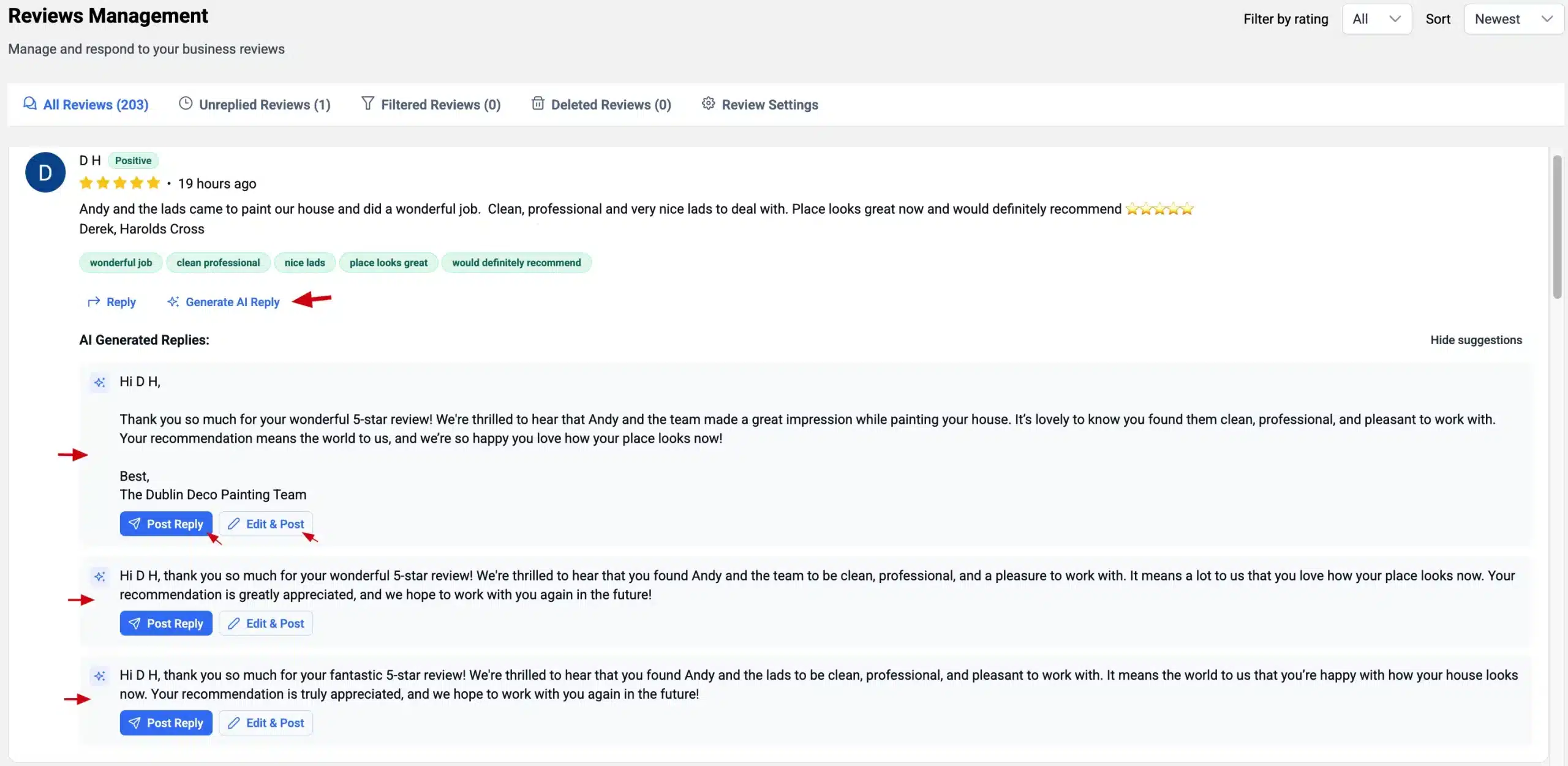 How to Get Your Google Review Link and Share It 5 Google Business Profile management software showing AI review reply suggestions dashboard