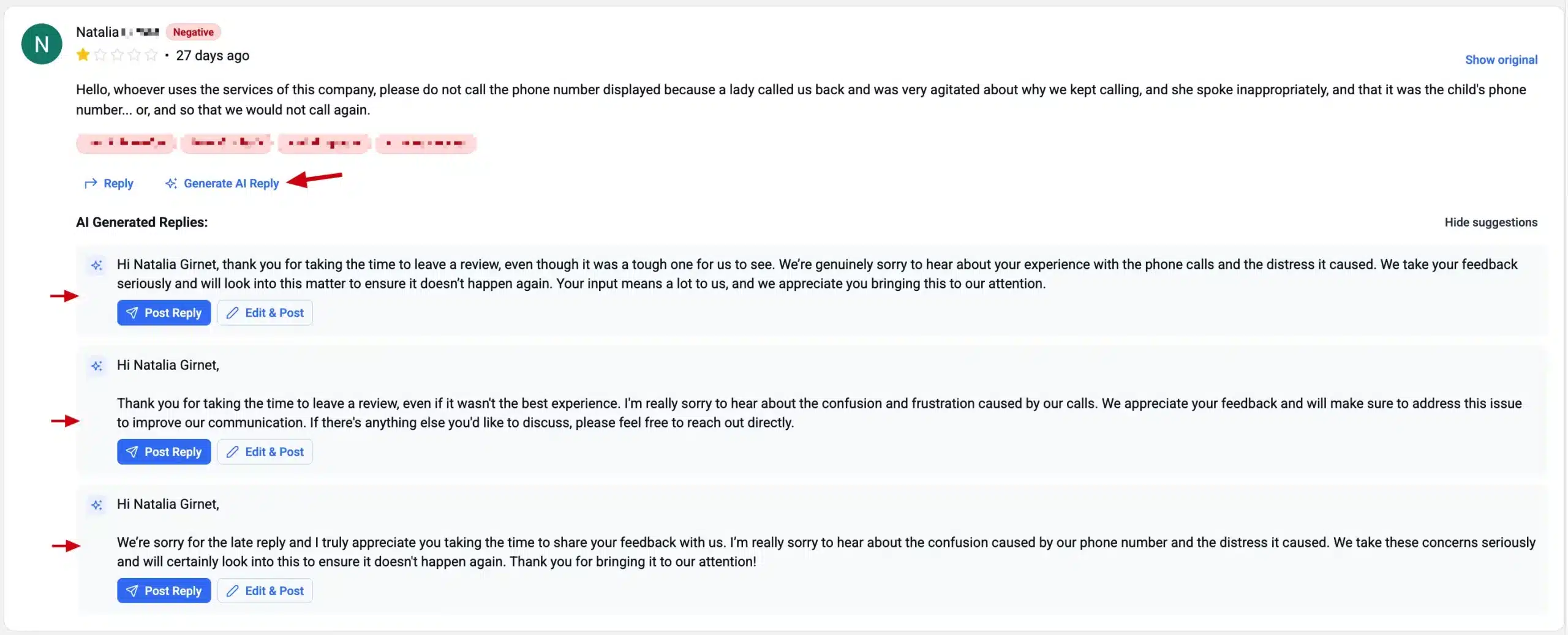 Review Management Strategy for Local Businesses 3 Review management strategy dashboard showing AI-generated responses to negative customer reviews