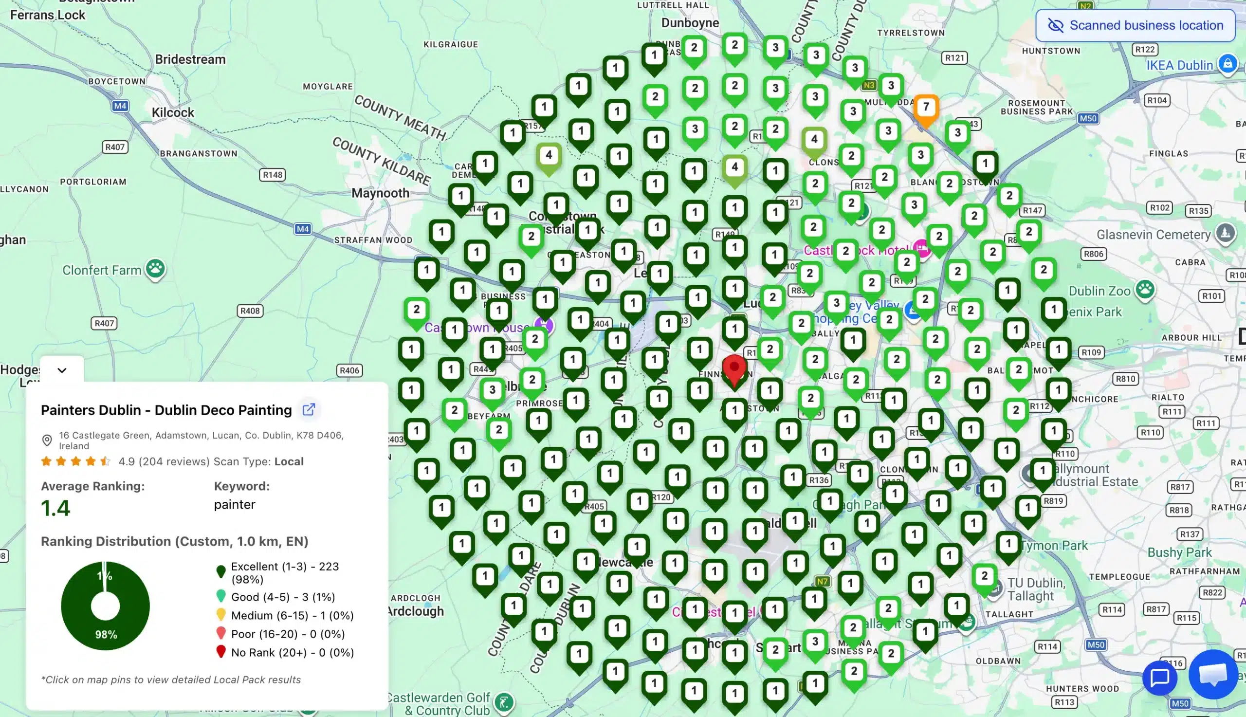 Review Management Strategy for Local Businesses 2 Review management strategy using GTrack showing geo grid map with local rankings distribution