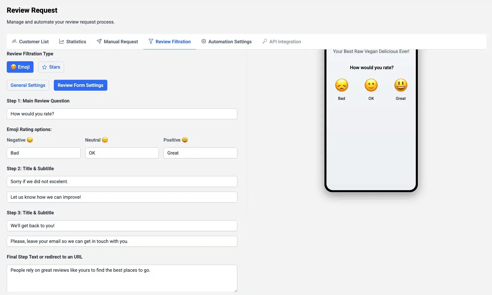 Review Filtration Form Settings with Emoji Rating Flow review filtration form settings with emoji rating flow