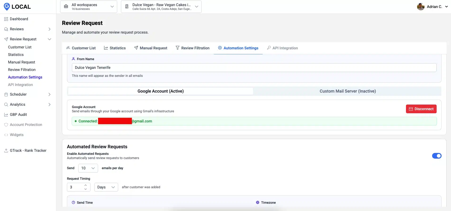 Review Request Automation Settings with Google Account Connection review request automation settings with connected Google account
