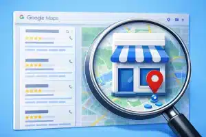 The Importance and Benefits of a Google Business Profile illustrated with Google Maps listing and storefront magnified for local SEO visibility