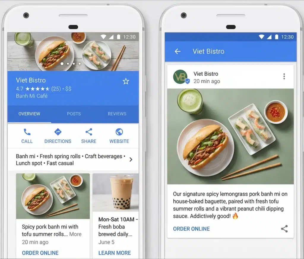 Google Business Profile posts shown on mobile app screens