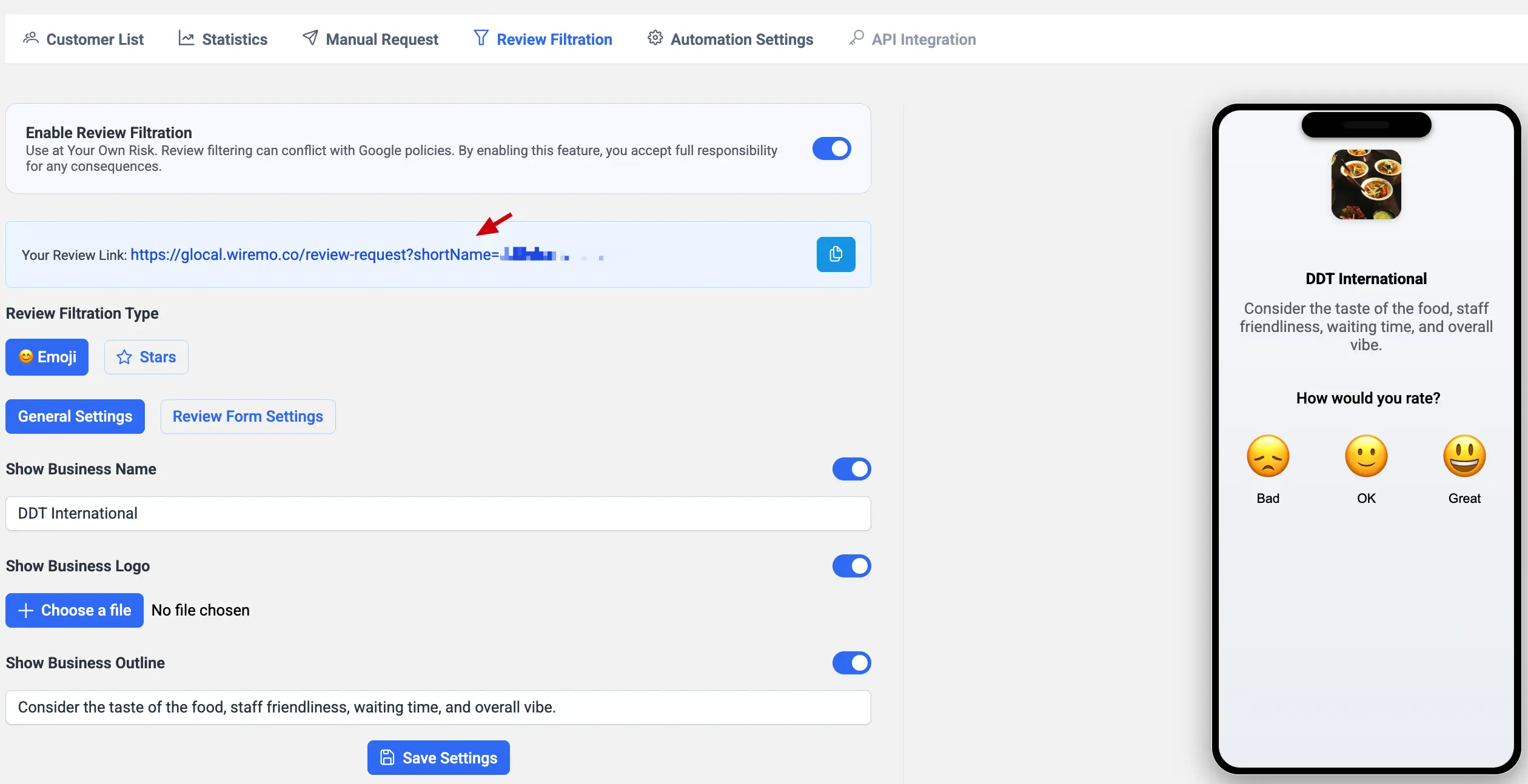 How to Get Your Google Review Link and Share It 4 Google review link review filtration settings dashboard with emoji rating options and custom review form