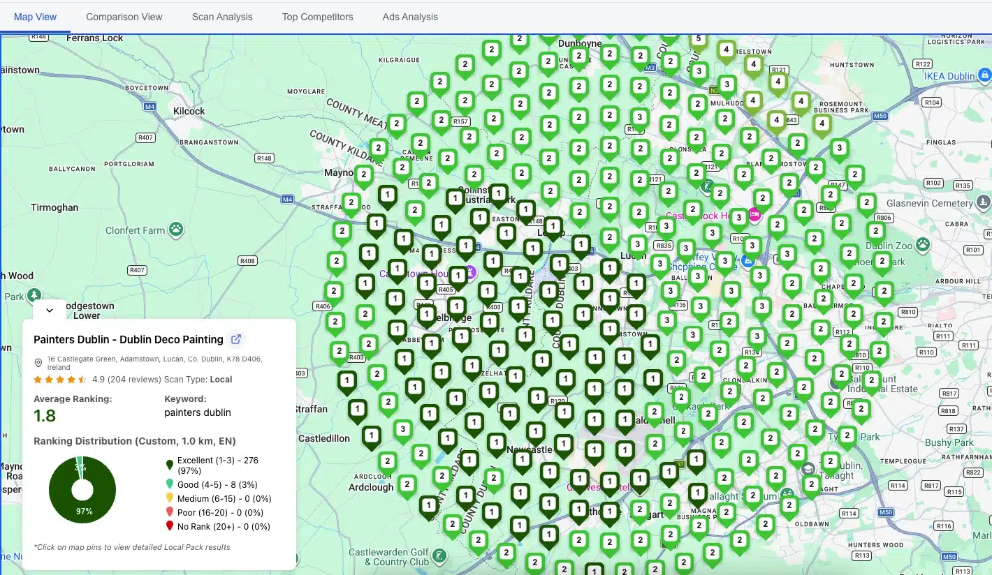 Google Maps rank checker geo-grid heatmap showing local business rankings across a service area
