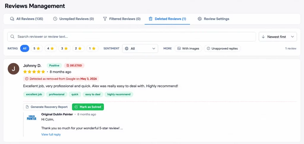 Deleted Google Reviews: How to Recover Them in 2026 2 Deleted Google reviews management dashboard showing removed review detection, recovery report generation, and review restoration workflow