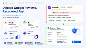 Deleted Google reviews recovery dashboard showing review restoration workflow, recovery report generation, and successful Google review reinstatement