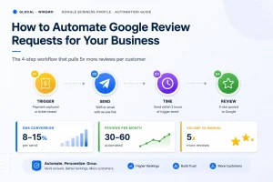 Google review automation workflow showing automated review requests, SMS and email delivery, and increased customer reviews