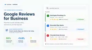 Google Reviews for Business dashboard showing Google 3-pack rankings based on review velocity, ratings, and review volume