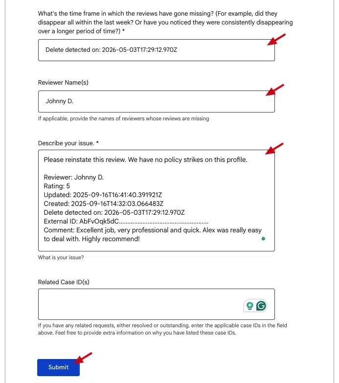 Deleted Google Reviews: How to Recover Them in 2026 7 Google Business Profile appeal form completed with deleted review details and review reinstatement request