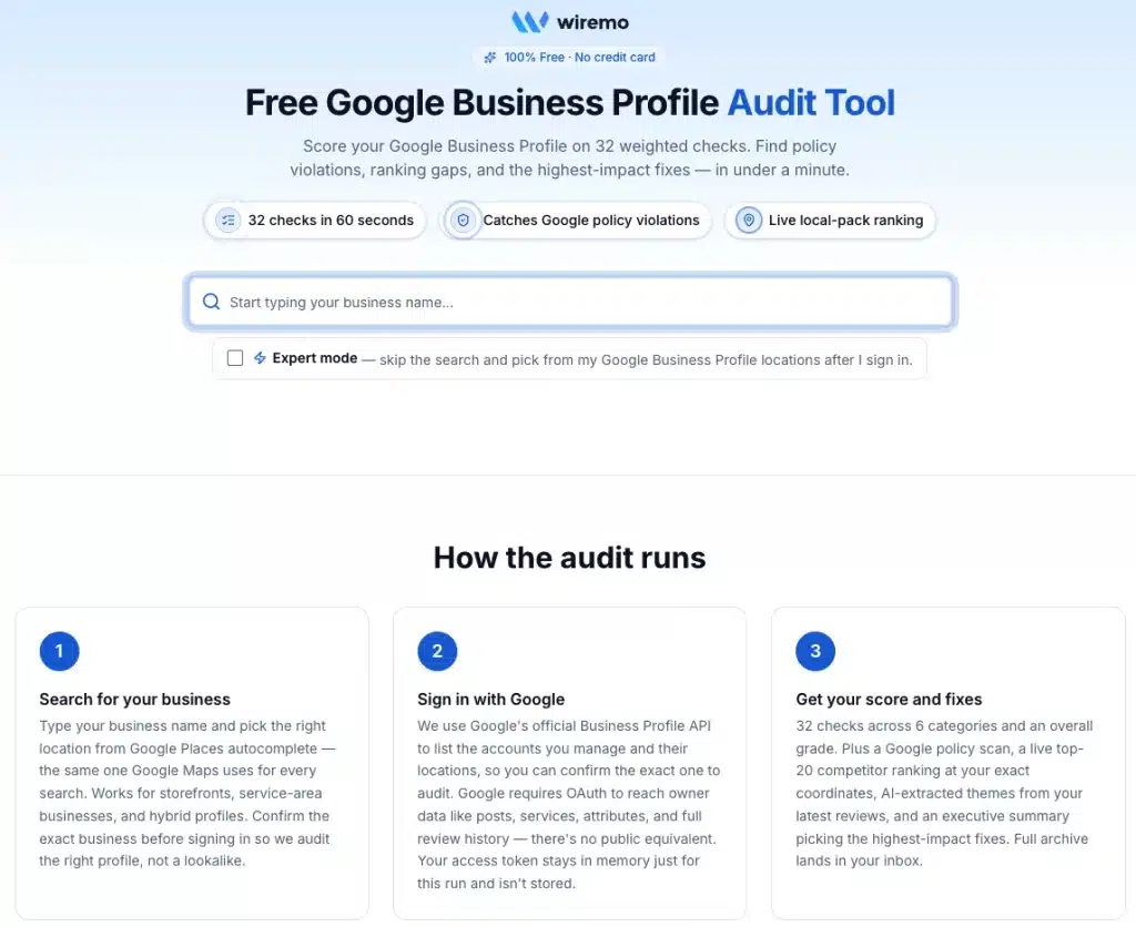 How to Use AI to Dominate Local SEO in 2026 9 google business profile audit tool interface showing audit checks ranking insights and optimization steps