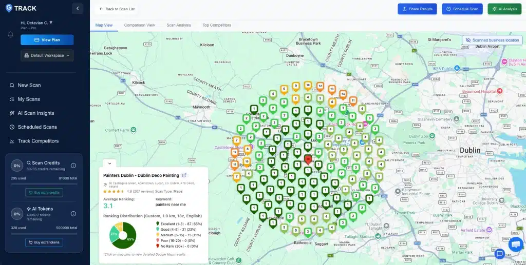 Why Your Google Maps Ranking Is Different by Location 2 Google Maps ranking changes by location shown on a GTrack grid scan over Dublin with ranks from 1 to 14 across the city