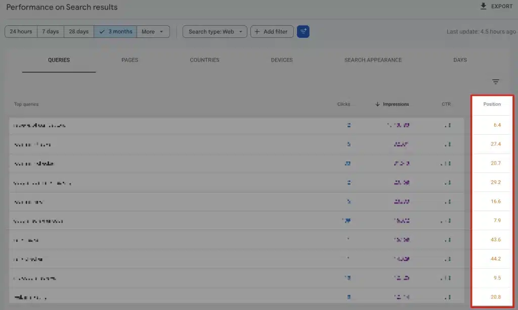 How to Check Google Maps Ranking (The Right Way) 3 Google Search Console Queries tab with Position column highlighted, showing blended average ranking numbers per keyword
