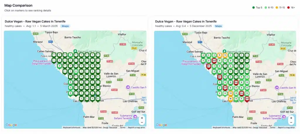 Google Maps Rank Tracker for Agencies: Track, Manage, and Prove ROI at Scale 2 Google Maps grid scan comparison showing ranking improvements