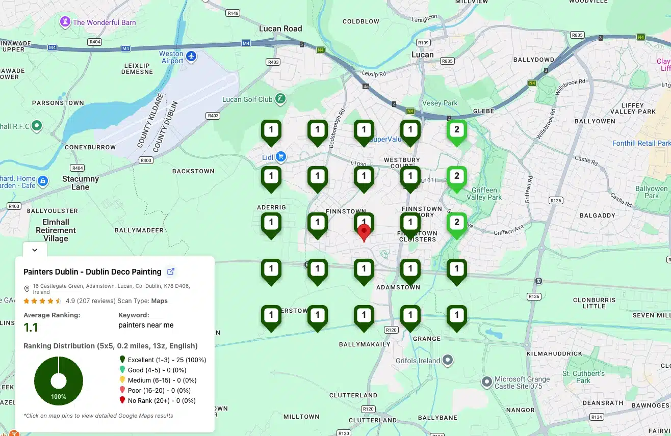 What Is a Google Maps Grid Rank Tracker and How Does It Work? 2 GTrack 5x5 hyper-local Google Maps grid scan for painters near me showing dense local ranking coverage