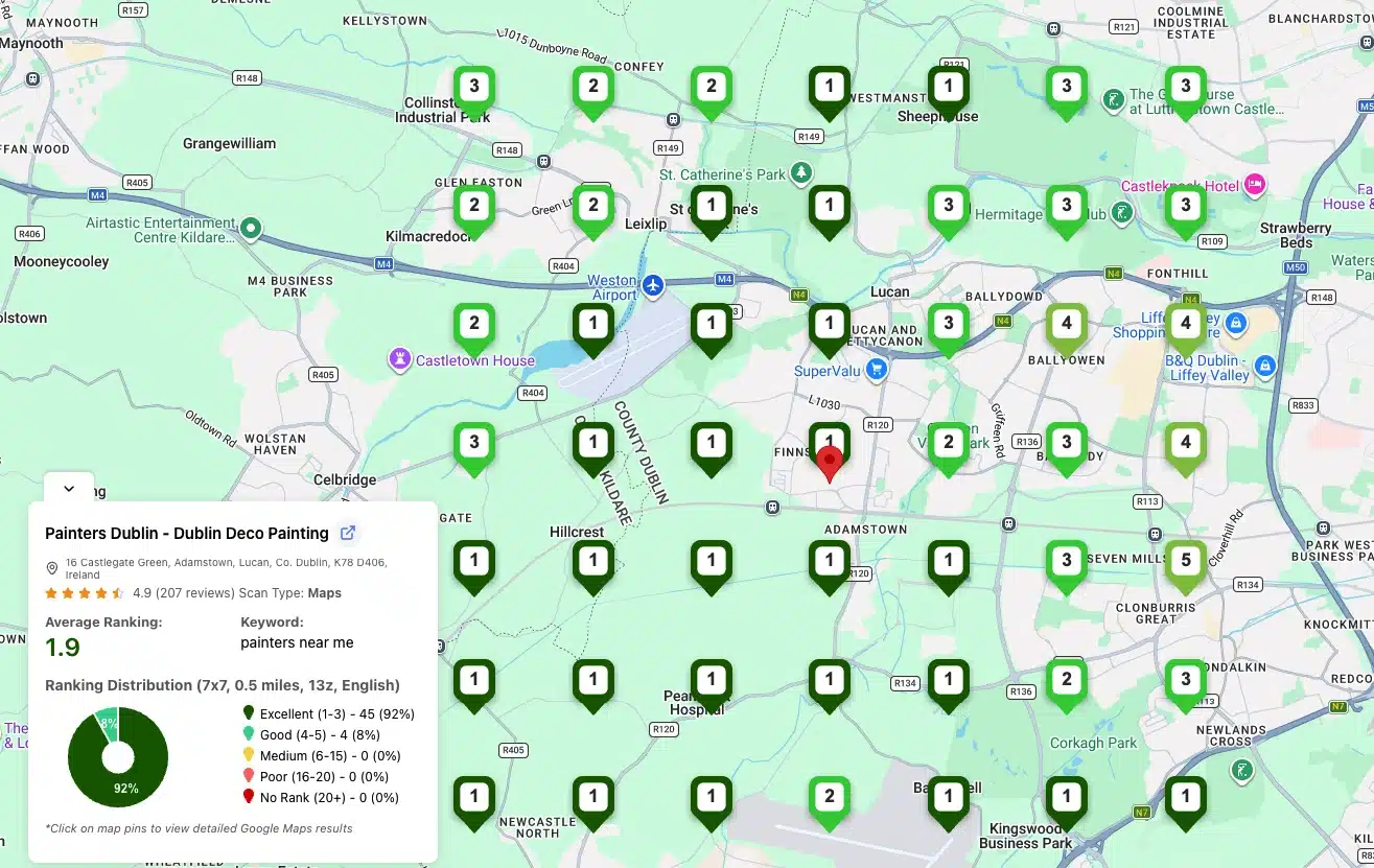 What Is a Google Maps Grid Rank Tracker and How Does It Work? 3 GTrack 7x7 service-area Google Maps grid scan showing local rankings across a wider metro area