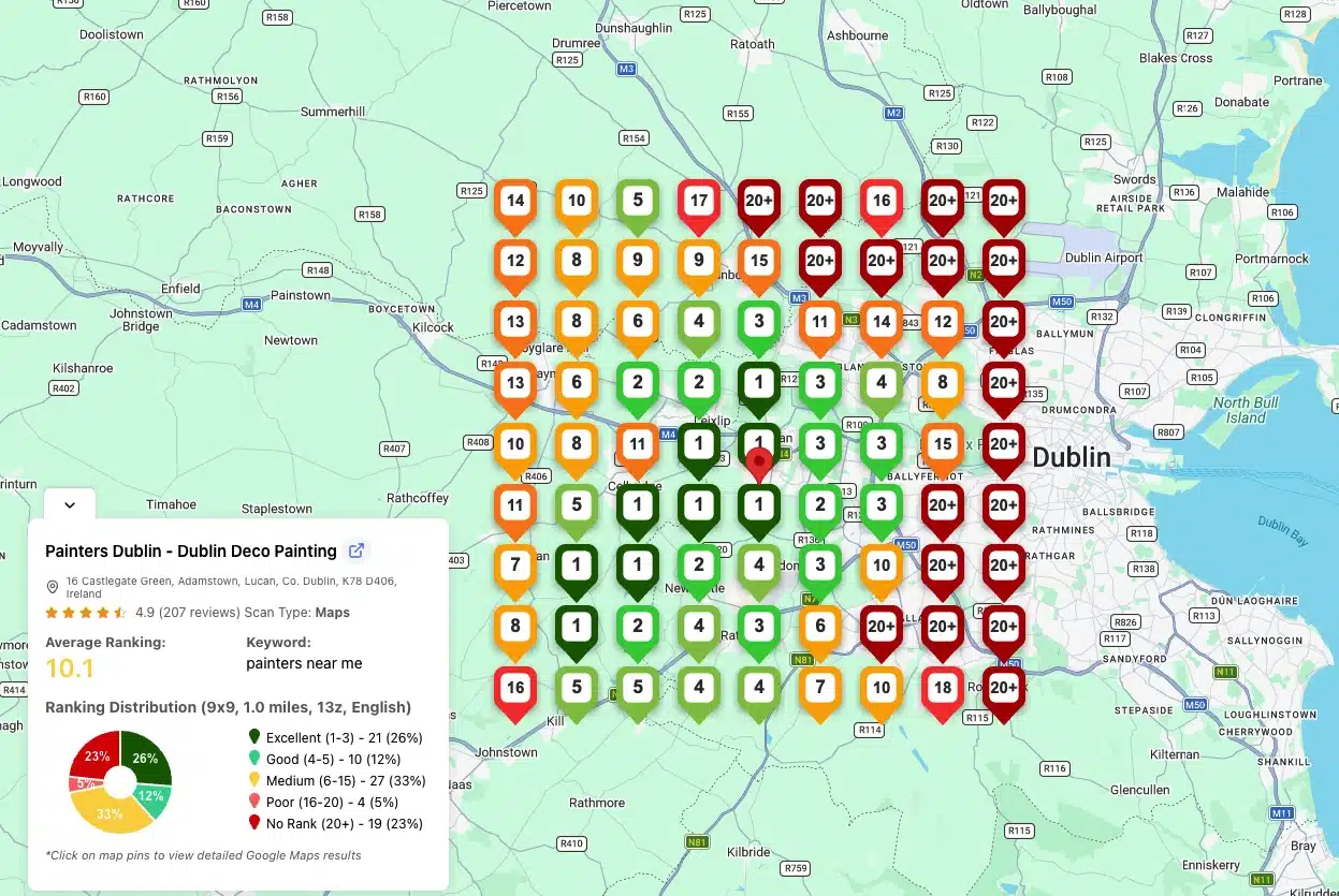 What Is a Google Maps Grid Rank Tracker and How Does It Work? 4 GTrack 9x9 wide metro Google Maps grid scan showing ranking coverage across a large city region
